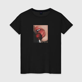 Женская футболка хлопок с принтом CHUPA CHUPS в Санкт-Петербурге, 100% хлопок | прямой крой, круглый вырез горловины, длина до линии бедер, слегка спущенное плечо | винишко тян | губы | девушка | сохры . | чупа чупс