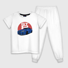 Детская пижама хлопок с принтом Nissan GT-R 34 в Санкт-Петербурге, 100% хлопок |  брюки и футболка прямого кроя, без карманов, на брюках мягкая резинка на поясе и по низу штанин
 | Тематика изображения на принте: drift | gt r 34 | nissan gtr | r34 | skyline
