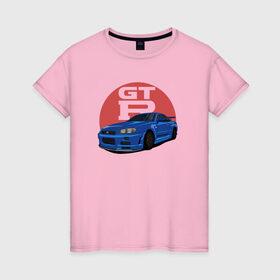 Женская футболка хлопок с принтом Nissan GT-R 34 в Санкт-Петербурге, 100% хлопок | прямой крой, круглый вырез горловины, длина до линии бедер, слегка спущенное плечо | drift | gt r 34 | nissan gtr | r34 | skyline