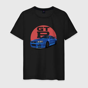 Мужская футболка хлопок с принтом Nissan GT-R 34 в Санкт-Петербурге, 100% хлопок | прямой крой, круглый вырез горловины, длина до линии бедер, слегка спущенное плечо. | drift | gt r 34 | nissan gtr | r34 | skyline
