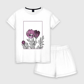 Женская пижама с шортиками хлопок с принтом Цветы с тонкими линиями в Санкт-Петербурге, 100% хлопок | футболка прямого кроя, шорты свободные с широкой мягкой резинкой | графика | линии | рамка | растение | ртуть | цветы