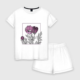 Женская пижама с шортиками хлопок с принтом Цветы в рамке в Санкт-Петербурге, 100% хлопок | футболка прямого кроя, шорты свободные с широкой мягкой резинкой | графика | линии | рамка | растение | ртуть | цветы