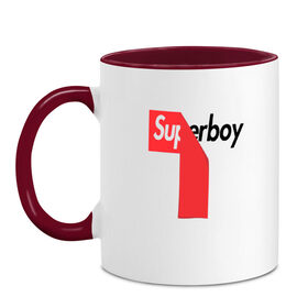 Кружка двухцветная с принтом Superboy в Санкт-Петербурге, керамика | объем — 330 мл, диаметр — 80 мм. Цветная ручка и кайма сверху, в некоторых цветах — вся внутренняя часть | Тематика изображения на принте: boy | super | superboy | парень | супер мальчик | супер парень | супер.