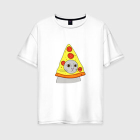 Женская футболка хлопок Oversize с принтом Кот и пицца в Санкт-Петербурге, 100% хлопок | свободный крой, круглый ворот, спущенный рукав, длина до линии бедер
 | еда | животные | кот | кот в пицце | котик | кошка | мем | прикол | смешной | юмор