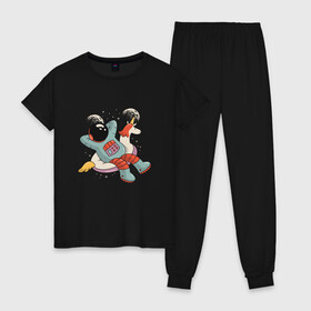 Женская пижама хлопок с принтом Chilling Astronaut в Санкт-Петербурге, 100% хлопок | брюки и футболка прямого кроя, без карманов, на брюках мягкая резинка на поясе и по низу штанин | 