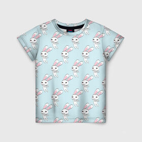 Детская футболка 3D с принтом Милый кролик в Санкт-Петербурге, 100% гипоаллергенный полиэфир | прямой крой, круглый вырез горловины, длина до линии бедер, чуть спущенное плечо, ткань немного тянется | арт | белый | зайцы | зайчик | зайчики | заяц | кролик | кролики | рисунок | розовый | синий