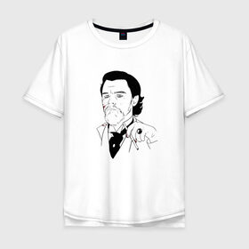 Мужская футболка хлопок Oversize с принтом Ди Каприо в Санкт-Петербурге, 100% хлопок | свободный крой, круглый ворот, “спинка” длиннее передней части | leo di | джанго освобожденный | ди каприо | леонардо ди каприо | мем ди каприо