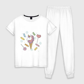 Женская пижама хлопок с принтом Unicorn 9-0-0 в Санкт-Петербурге, 100% хлопок | брюки и футболка прямого кроя, без карманов, на брюках мягкая резинка на поясе и по низу штанин | animal | единорог | животные | звери
