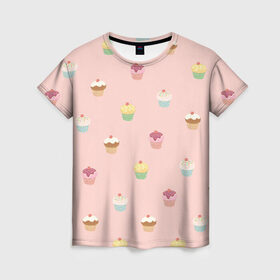 Женская футболка 3D с принтом Кексики в Санкт-Петербурге, 100% полиэфир ( синтетическое хлопкоподобное полотно) | прямой крой, круглый вырез горловины, длина до линии бедер | арт | выпечка | глазурь | еда | кекс | кексики | кексы | начинка | нежные цвета | рисунок | розовый | сладости | сладость