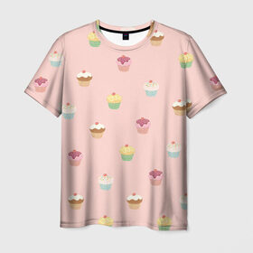 Мужская футболка 3D с принтом Кексики в Санкт-Петербурге, 100% полиэфир | прямой крой, круглый вырез горловины, длина до линии бедер | арт | выпечка | глазурь | еда | кекс | кексики | кексы | начинка | нежные цвета | рисунок | розовый | сладости | сладость