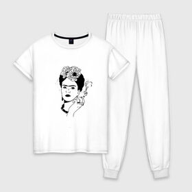 Женская пижама хлопок с принтом Фрида Кало в Санкт-Петербурге, 100% хлопок | брюки и футболка прямого кроя, без карманов, на брюках мягкая резинка на поясе и по низу штанин | 