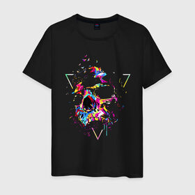 Мужская футболка хлопок с принтом Skull в Санкт-Петербурге, 100% хлопок | прямой крой, круглый вырез горловины, длина до линии бедер, слегка спущенное плечо. | bird | blot | color | neon | paint | skull | triangle | клякса | краска | неон | птица | треугольник | цвет | череп