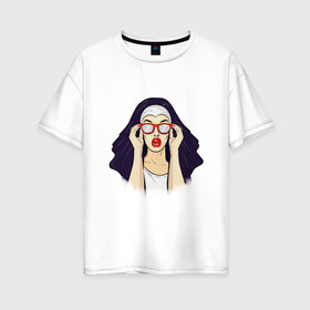 Женская футболка хлопок Oversize с принтом Монашка в Санкт-Петербурге, 100% хлопок | свободный крой, круглый ворот, спущенный рукав, длина до линии бедер
 | губы | женщина | иллюстрация | монашка | очки | язык