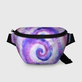 Поясная сумка 3D с принтом TIE-DYE PURPLE в Санкт-Петербурге, 100% полиэстер | плотная ткань, ремень с регулируемой длиной, внутри несколько карманов для мелочей, основное отделение и карман с обратной стороны сумки застегиваются на молнию | Тематика изображения на принте: dye | multicolor | tie | trend | акварель | брызги | градиент | дай | колор | краски | красочная | мульти | потёки | пятна | радуга | радужная | тай | тайдай | текстура | тренд | хиппи