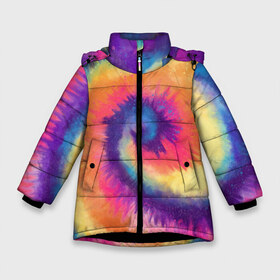 Зимняя куртка для девочек 3D с принтом TIE-DYE MULTICOLOR в Санкт-Петербурге, ткань верха — 100% полиэстер; подклад — 100% полиэстер, утеплитель — 100% полиэстер. | длина ниже бедра, удлиненная спинка, воротник стойка и отстегивающийся капюшон. Есть боковые карманы с листочкой на кнопках, утяжки по низу изделия и внутренний карман на молнии. 

Предусмотрены светоотражающий принт на спинке, радужный светоотражающий элемент на пуллере молнии и на резинке для утяжки. | dye | multicolor | tie | trend | акварель | брызги | градиент | дай | колор | краски | красочная | мульти | потёки | пятна | радуга | радужная | тай | тайдай | текстура | тренд | хиппи