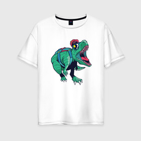 Женская футболка хлопок Oversize с принтом Крутой динозавр в Санкт-Петербурге, 100% хлопок | свободный крой, круглый ворот, спущенный рукав, длина до линии бедер
 | dino | dinosaur | rex | t rex | tourism | tourist | tyrannosaur | в кепке | в очках | в школу | дино | орет | очки | палеонтология | пасть | рычит | рэкс | с рюкзаком | ти рекс | тираннозавр | тиранозавр | тирекс | туризм | турис