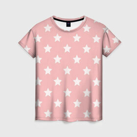Женская футболка 3D с принтом Звёзды в Санкт-Петербурге, 100% полиэфир ( синтетическое хлопкоподобное полотно) | прямой крой, круглый вырез горловины, длина до линии бедер | арт | белый | звезда | звездопад | звёзды | рисунок | розовый