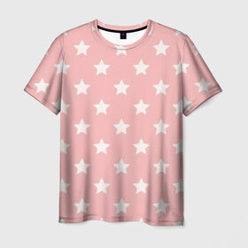 Мужская футболка 3D с принтом Звёзды в Санкт-Петербурге, 100% полиэфир | прямой крой, круглый вырез горловины, длина до линии бедер | Тематика изображения на принте: арт | белый | звезда | звездопад | звёзды | рисунок | розовый