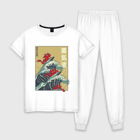 Женская пижама хлопок с принтом Dragons Surfing в Санкт-Петербурге, 100% хлопок | брюки и футболка прямого кроя, без карманов, на брюках мягкая резинка на поясе и по низу штанин | Тематика изображения на принте: big | great | hokusai | japan | japanese | kanagawa | kanji | retrowave | style | wave | большая | вапорвейв | великая | волна | дракон | дракончики | драконы | иероглифы | канагава | кандзи | паровая волна | ретровейв | серф | серфиг | стил