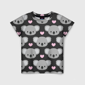 Детская футболка 3D с принтом Мордочки коал в Санкт-Петербурге, 100% гипоаллергенный полиэфир | прямой крой, круглый вырез горловины, длина до линии бедер, чуть спущенное плечо, ткань немного тянется | арт | коал | коала | коалы | любовь | медведь | медвежонок | мордочка | мордочки | рисунок | сердечки | сердце | серый | тёмный | чёрный