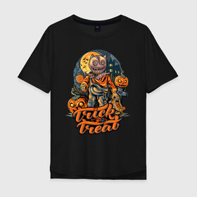 Мужская футболка хлопок Oversize с принтом Trick or treat. Хэллоуин в Санкт-Петербурге, 100% хлопок | свободный крой, круглый ворот, “спинка” длиннее передней части | Тематика изображения на принте: halloween | helloween | trick or treat | монстры | приколы | тыква | ужасы | хеллоуин | хэллоуин