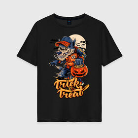 Женская футболка хлопок Oversize с принтом Trick or treat. Хэллоуин в Санкт-Петербурге, 100% хлопок | свободный крой, круглый ворот, спущенный рукав, длина до линии бедер
 | halloween | helloween | trick or treat | монстры | приколы | тыква | ужасы | хеллоуин | хэллоуин