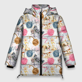 Женская зимняя куртка 3D с принтом Милые котики с клубками пряжи в Санкт-Петербурге, верх — 100% полиэстер; подкладка — 100% полиэстер; утеплитель — 100% полиэстер | длина ниже бедра, силуэт Оверсайз. Есть воротник-стойка, отстегивающийся капюшон и ветрозащитная планка. 

Боковые карманы с листочкой на кнопках и внутренний карман на молнии | абстракция | клубок | кот | котик | коты | кошка | кошки | линия | милота | милые | милый | мяу | нейтральная | пряжа | стиль | текстуры | узоры