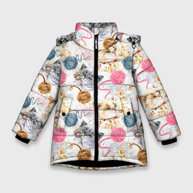 Зимняя куртка для девочек 3D с принтом Милые котики с клубками пряжи в Санкт-Петербурге, ткань верха — 100% полиэстер; подклад — 100% полиэстер, утеплитель — 100% полиэстер. | длина ниже бедра, удлиненная спинка, воротник стойка и отстегивающийся капюшон. Есть боковые карманы с листочкой на кнопках, утяжки по низу изделия и внутренний карман на молнии. 

Предусмотрены светоотражающий принт на спинке, радужный светоотражающий элемент на пуллере молнии и на резинке для утяжки. | Тематика изображения на принте: абстракция | клубок | кот | котик | коты | кошка | кошки | линия | милота | милые | милый | мяу | нейтральная | пряжа | стиль | текстуры | узоры
