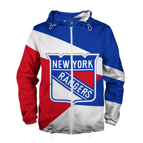 Мужская ветровка 3D с принтом Нью-Йорк Рейнджерс в Санкт-Петербурге, 100% полиэстер | подол и капюшон оформлены резинкой с фиксаторами, два кармана без застежек по бокам, один потайной карман на груди | hockey | new york | new york rangers | nhl | rangers | usa | нхл | нью йорк | нью йорк рейнджерс | рейнджерс | спорт | сша | хоккей | шайба
