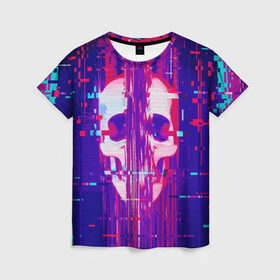 Женская футболка 3D с принтом Skull glitch в Санкт-Петербурге, 100% полиэфир ( синтетическое хлопкоподобное полотно) | прямой крой, круглый вырез горловины, длина до линии бедер | color | fashion | glitch | jaw | skull | vanguard | авангард | глитч | мода | пасть | цвет | череп