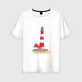 Женская футболка хлопок Oversize с принтом Маяк в Санкт-Петербурге, 100% хлопок | свободный крой, круглый ворот, спущенный рукав, длина до линии бедер
 | архитектура | белый | дом | забор | красный | крыша | маяк | окно | песок | полосы | свет | спасение