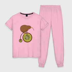 Женская пижама хлопок с принтом Киви на велосипеде в Санкт-Петербурге, 100% хлопок | брюки и футболка прямого кроя, без карманов, на брюках мягкая резинка на поясе и по низу штанин | bike | bird | birds | circus | cute | fruit | funny | kiwi | байк | берд | большое колесо | в разрезе | клюв | милая | милота | не достает до педалей | пополам | прикол | природа | птичка | с большим колесом | смешная | фрукт | 