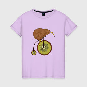 Женская футболка хлопок с принтом Киви на велосипеде в Санкт-Петербурге, 100% хлопок | прямой крой, круглый вырез горловины, длина до линии бедер, слегка спущенное плечо | bike | bird | birds | circus | cute | fruit | funny | kiwi | байк | берд | большое колесо | в разрезе | клюв | милая | милота | не достает до педалей | пополам | прикол | природа | птичка | с большим колесом | смешная | фрукт | 