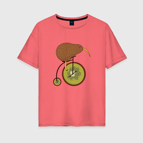 Женская футболка хлопок Oversize с принтом Киви на велосипеде в Санкт-Петербурге, 100% хлопок | свободный крой, круглый ворот, спущенный рукав, длина до линии бедер
 | bike | bird | birds | circus | cute | fruit | funny | kiwi | байк | берд | большое колесо | в разрезе | клюв | милая | милота | не достает до педалей | пополам | прикол | природа | птичка | с большим колесом | смешная | фрукт | 
