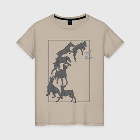 Женская футболка хлопок с принтом Доберманы в Санкт-Петербурге, 100% хлопок | прямой крой, круглый вырез горловины, длина до линии бедер, слегка спущенное плечо | dogs | графика | движение | доберман | композиция | котенок | рамка | собаки