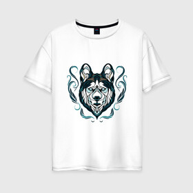 Женская футболка хлопок Oversize с принтом Хаски в Санкт-Петербурге, 100% хлопок | свободный крой, круглый ворот, спущенный рукав, длина до линии бедер
 | волк | друг человека | зима | лайка | маламут | пес | питомец | север | сибирь | снег | собака | собачка | хаски | хатико | щенок
