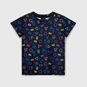 Детская футболка 3D с принтом ГЕОМЕТРИЧЕСКИЕ ФИГУРЫ в Санкт-Петербурге, 100% гипоаллергенный полиэфир | прямой крой, круглый вырез горловины, длина до линии бедер, чуть спущенное плечо, ткань немного тянется | геометрия | квадрат | круг | прямоугольник | разноцветный | текстуры | треугольник | узор | фигуры