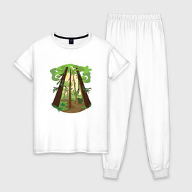 Женская пижама хлопок с принтом Лес после дождя в Санкт-Петербурге, 100% хлопок | брюки и футболка прямого кроя, без карманов, на брюках мягкая резинка на поясе и по низу штанин | 