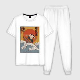 Мужская пижама хлопок с принтом Samurai Surfing в Санкт-Петербурге, 100% хлопок | брюки и футболка прямого кроя, без карманов, на брюках мягкая резинка на поясе и по низу штанин
 | Тематика изображения на принте: art | big | great | hokusai | illustration | japan | japanese | kanagawa | retrowave | sumo | surf | tsunami | vaportave | wave | yamato | гравюра | иллюстрация | искусство | самурай | серфинг | сумо | укиё э | цунами | ямато э | япония | японс