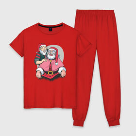 Женская пижама хлопок с принтом Санта в барбершопе в Санкт-Петербурге, 100% хлопок | брюки и футболка прямого кроя, без карманов, на брюках мягкая резинка на поясе и по низу штанин | 