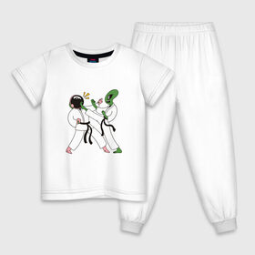 Детская пижама хлопок с принтом Space Karate в Санкт-Петербурге, 100% хлопок |  брюки и футболка прямого кроя, без карманов, на брюках мягкая резинка на поясе и по низу штанин
 | alien | art | high | kick | арт | астронавт | битва | в шлеме | гери | гири | иллюстрация | инопланетянин | карате | кимоно | космическое | космонавт | космос | маваши | мае гири | маэ гери | межпланетное | нога