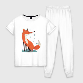 Женская пижама хлопок с принтом Блестящая лисичка в Санкт-Петербурге, 100% хлопок | брюки и футболка прямого кроя, без карманов, на брюках мягкая резинка на поясе и по низу штанин | art | fox | foxy | paw | paws | red | sparkly | sparks | арт | блики | животное | животные | звездочки | звезды | зверь | иллюстрация | лапки | лес | лесная | лиса | мех | нос | носик | оранжевая | пушистая | рисунок | ушки |