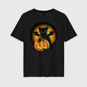 Женская футболка хлопок Oversize с принтом Черный котик с тыквой Хэллоуин в Санкт-Петербурге, 100% хлопок | свободный крой, круглый ворот, спущенный рукав, длина до линии бедер
 | кот | котик | крылья | летучая | луна | мышь | тыква | хеллоуин | хэллоуин | черный