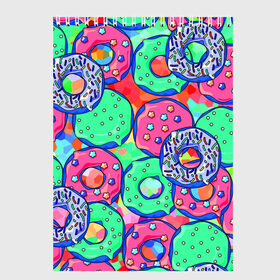 Скетчбук с принтом Donuts в Санкт-Петербурге, 100% бумага
 | 48 листов, плотность листов — 100 г/м2, плотность картонной обложки — 250 г/м2. Листы скреплены сверху удобной пружинной спиралью | colorful | donuts | patterns | sweet | texture | пончики | разноцветный | сладкое | текстура | узоры