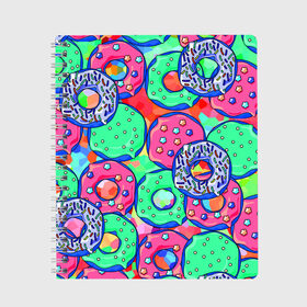 Тетрадь с принтом Donuts в Санкт-Петербурге, 100% бумага | 48 листов, плотность листов — 60 г/м2, плотность картонной обложки — 250 г/м2. Листы скреплены сбоку удобной пружинной спиралью. Уголки страниц и обложки скругленные. Цвет линий — светло-серый
 | Тематика изображения на принте: colorful | donuts | patterns | sweet | texture | пончики | разноцветный | сладкое | текстура | узоры