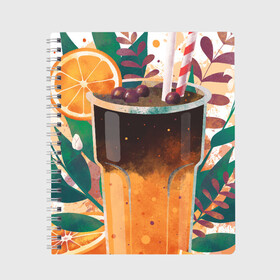 Тетрадь с принтом бодрящий коктейль в Санкт-Петербурге, 100% бумага | 48 листов, плотность листов — 60 г/м2, плотность картонной обложки — 250 г/м2. Листы скреплены сбоку удобной пружинной спиралью. Уголки страниц и обложки скругленные. Цвет линий — светло-серый
 | апельсин | бодрость | витамины | коктейль | кофе | лето | напиток | яркий