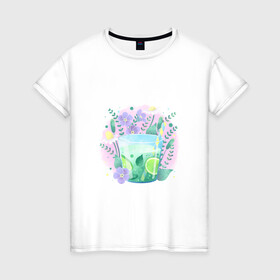 Женская футболка хлопок с принтом летний напиток в Санкт-Петербурге, 100% хлопок | прямой крой, круглый вырез горловины, длина до линии бедер, слегка спущенное плечо | еда | жара | коктейль | лайм | лед | лето | напиток | свежесть | фрукты | цветы