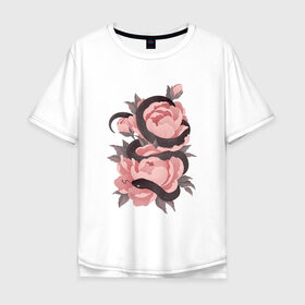 Мужская футболка хлопок Oversize с принтом Змеиные розы в Санкт-Петербурге, 100% хлопок | свободный крой, круглый ворот, “спинка” длиннее передней части | Тематика изображения на принте: арт | змеиная роза | змея | змея и роза | рисунок | роза | розовая роза | розовые розы | розовый | розы | тёмный | уж | ужик | цветок | цветы | чёрный