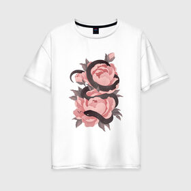 Женская футболка хлопок Oversize с принтом Змеиные розы в Санкт-Петербурге, 100% хлопок | свободный крой, круглый ворот, спущенный рукав, длина до линии бедер
 | арт | змеиная роза | змея | змея и роза | рисунок | роза | розовая роза | розовые розы | розовый | розы | тёмный | уж | ужик | цветок | цветы | чёрный