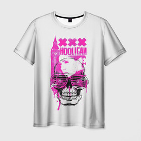 Мужская футболка 3D с принтом Hooligan в Санкт-Петербурге, 100% полиэфир | прямой крой, круглый вырез горловины, длина до линии бедер | Тематика изображения на принте: англия | арт | башня | биг бен | город | картинка | краска | криминал | лондон | надпись | очки | розовый | улица | хулиган | часы | череп